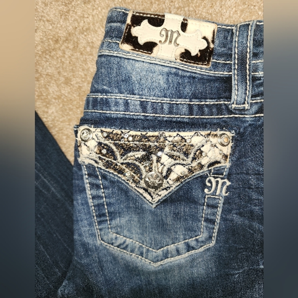 Women's Miss Me Straight Leg Jeans Embellished Back Pockets, Dark Blue Jeans